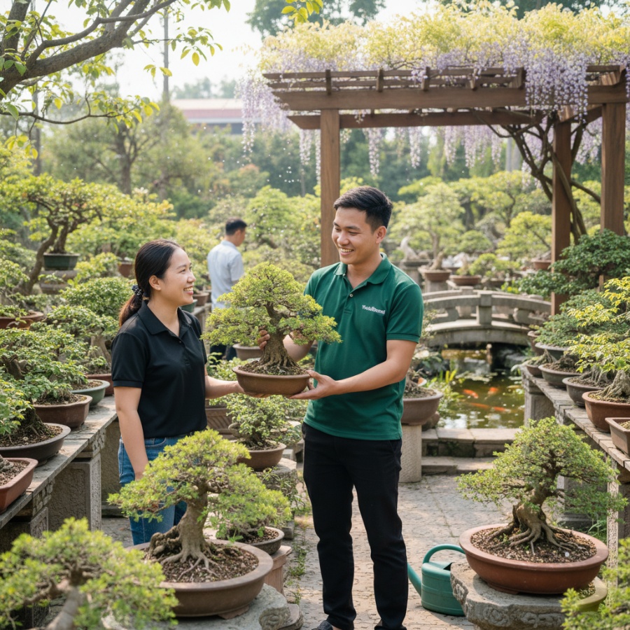 Hình ảnh khách hàng hài lòng sau khi mua bonsai tại Tinh Mộc